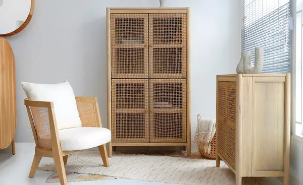 Woven material and handcrafted furniture detail